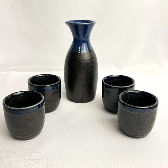 Traditional 5-Piece Vintage Ceramic Sake Set Matte Black Glossy Blue Japan
